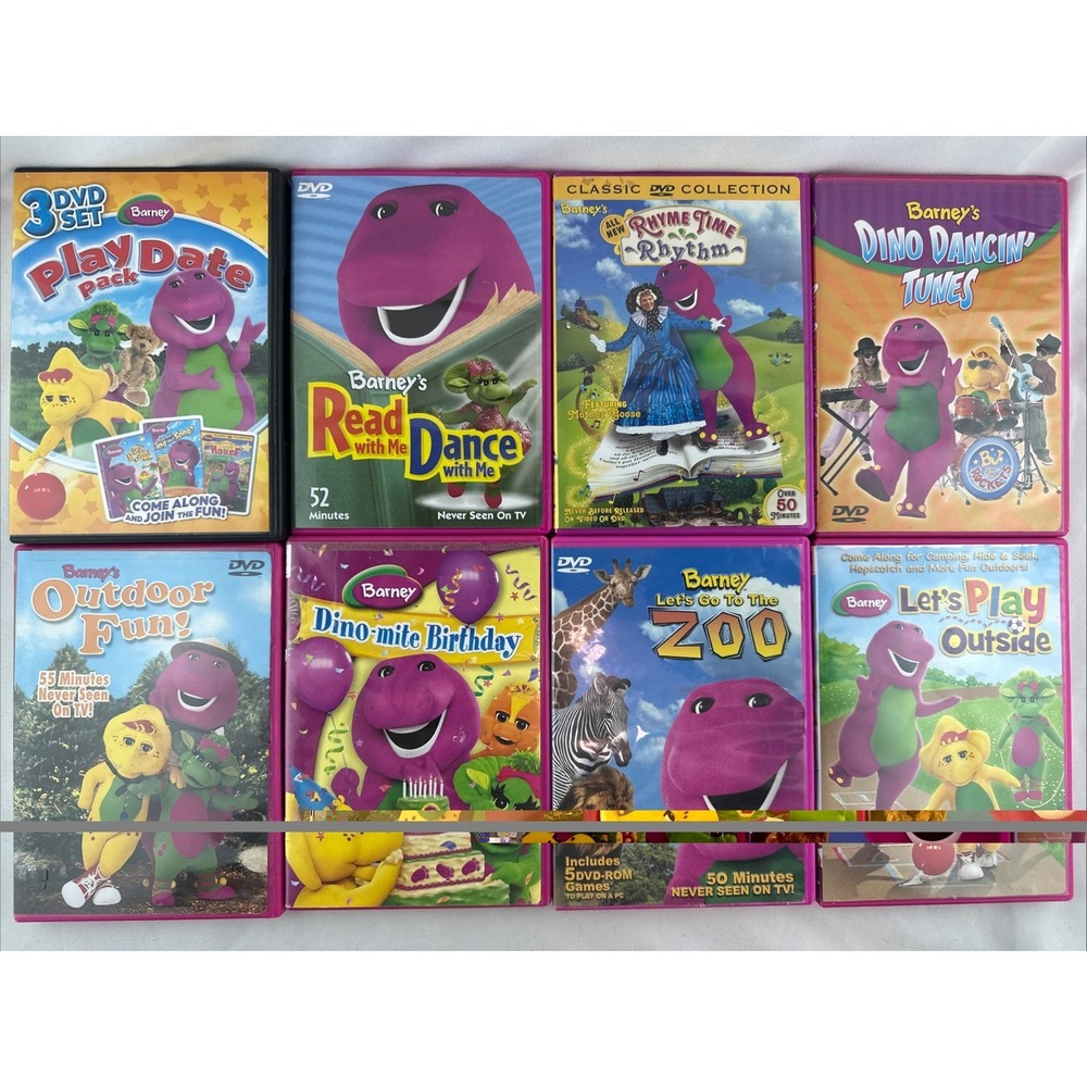 Barney DVD LOT OF 9 RARE Dinomite Birthday Outdoor Fun Rhyme Time Zoo Tunes Read